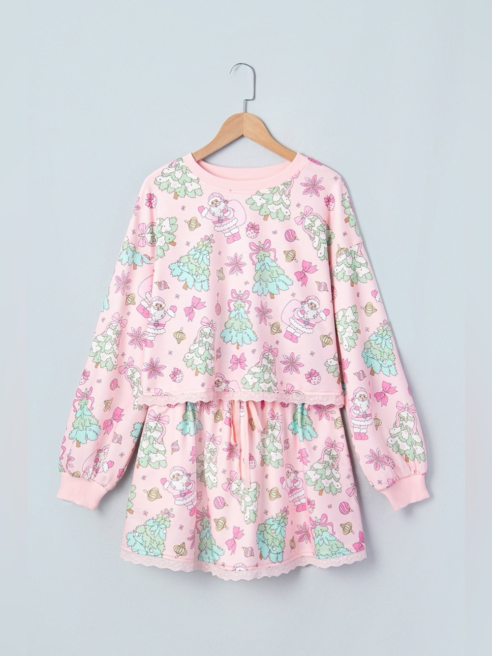 Floral Print Lace Trim Long Sleeve Top and Skirt Set - Picture 4 of 15